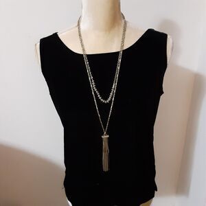 St. Thomas St, 30" delicate chain necklace 4" shimmering silver tone tassel